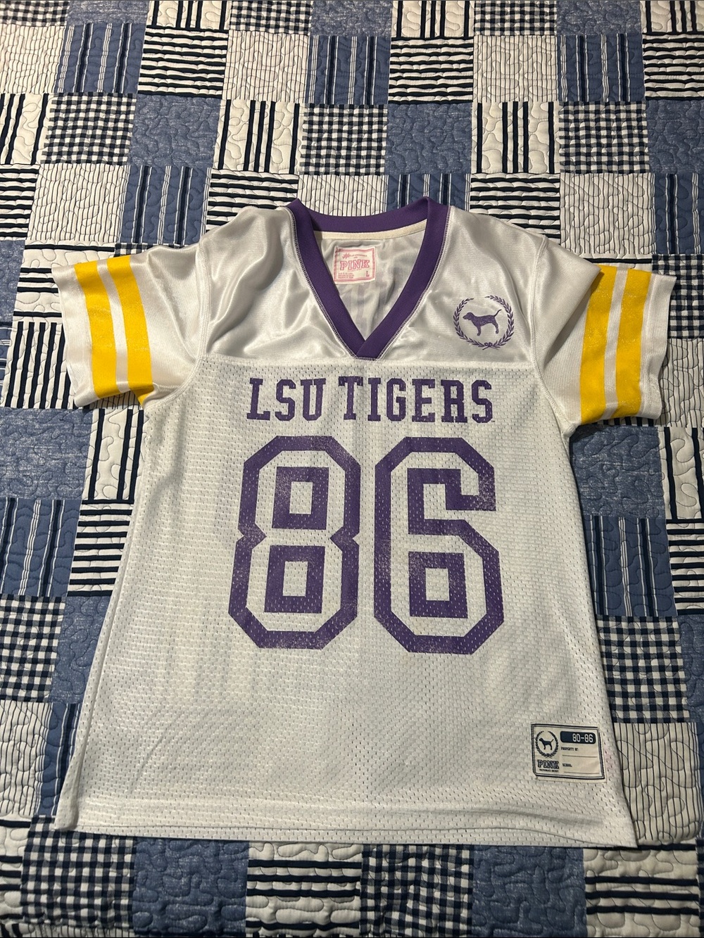 PINK Victoria's Secret LSU Tigers White Jersey Tee with Purple & Yellow Accents